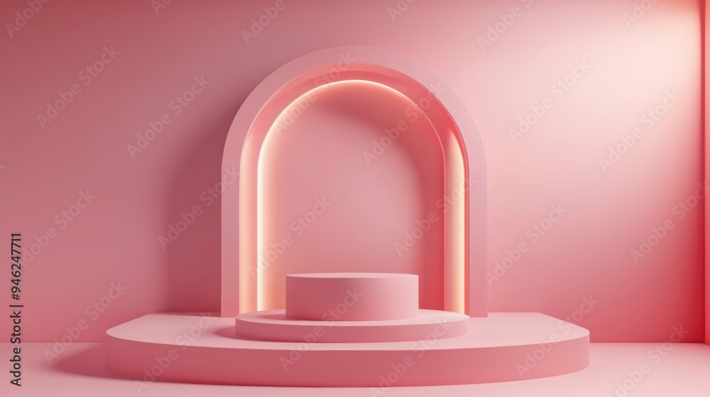 3D podium background with a cylinder pedestal and arch backdrop, minimalistic style, pink color. 3D podium background with a cylinder pedestal and arch backdrop, minimalistic style, pink color.