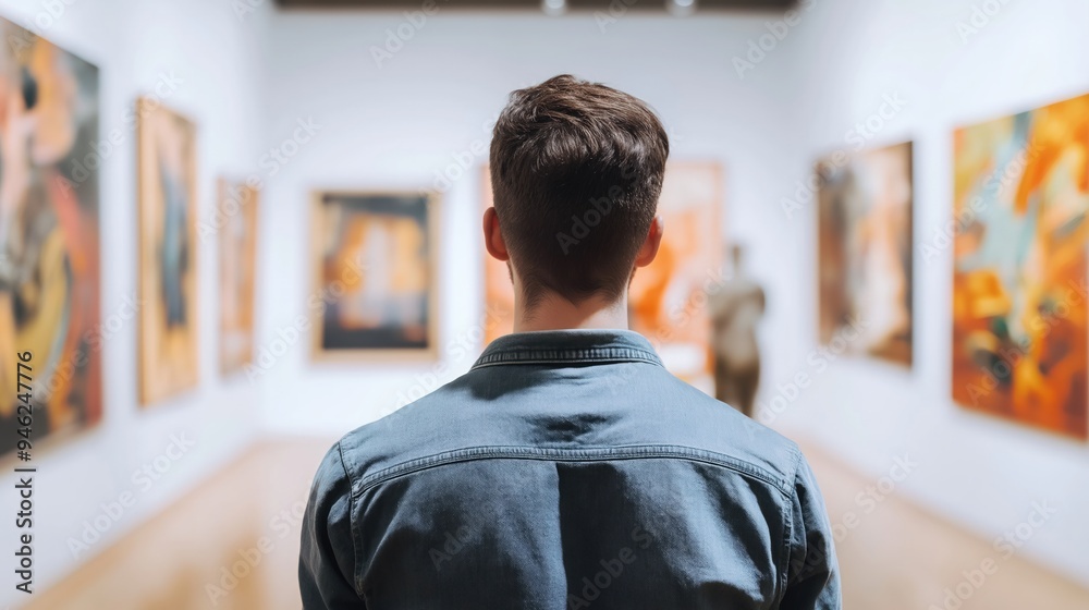 A visitor admires various artworks displayed on the gallery walls A visitor admires various artworks displayed on the gallery walls