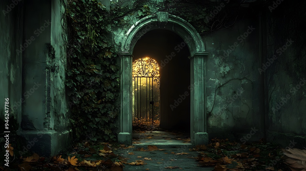 Fototapeta premium An old haunted house with dim lighting revealing a decaying archway covered in vines and leaves