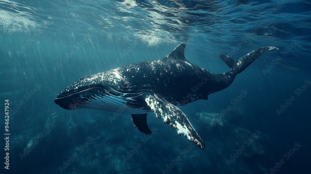 Fototapeta premium A majestic humpback whale swimming gracefully underwater.