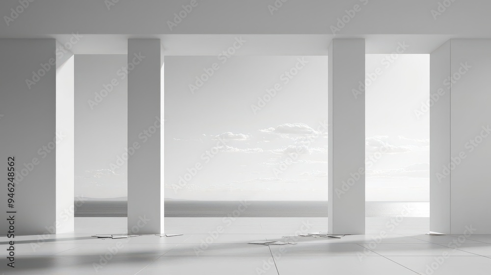 Fototapeta premium Black and white depiction of broken columns in a vast open space, minimalism, geometric design