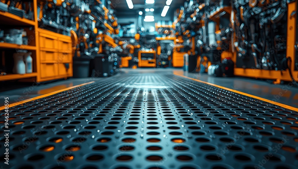 Black metal background with holes, focus on the bottom of the table in an automotive workshop. In front, there are tools and equipment on orange shelves. Black metal background with holes, focus on the bottom of the table in an automotive workshop. In front, there are tools and equipment on orange shelves.