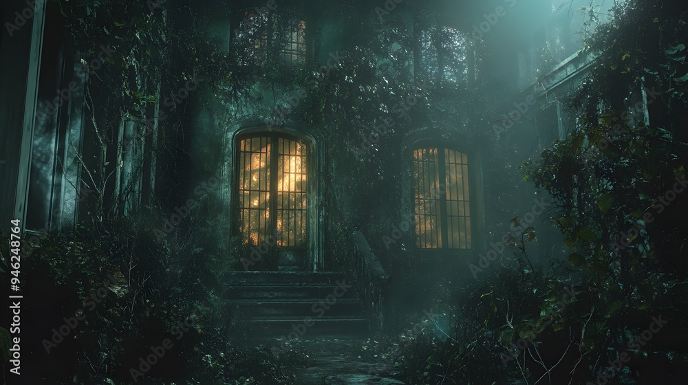 Fototapeta premium Haunted mansion with cracked walls and eerie lighting, surrounded by overgrown plants and thick cobwebs