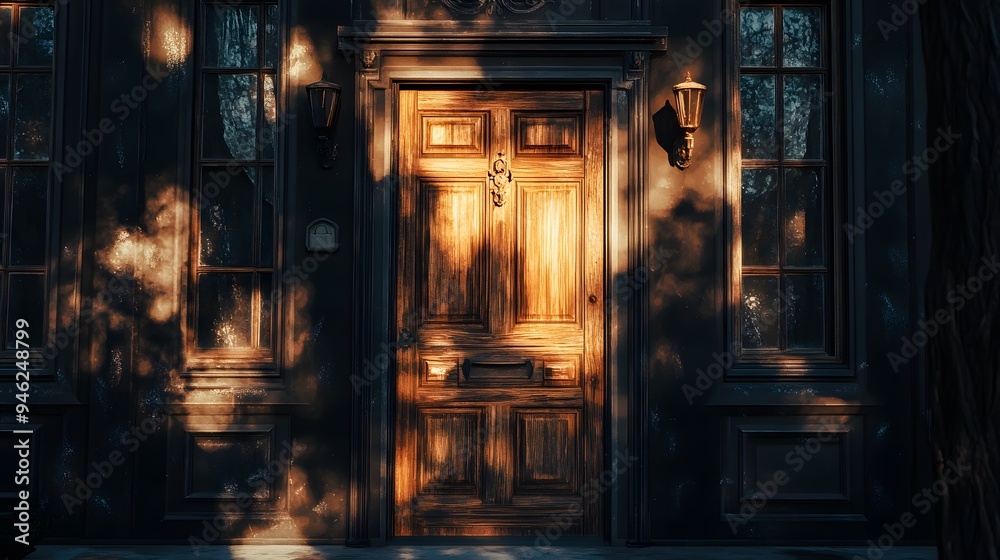 Obraz premium Exterior of a haunted house with intricate detailing on the old wooden door and eerie lighting casting long shadows
