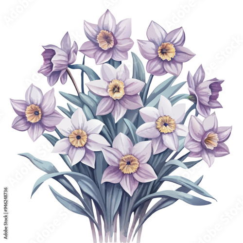Watercolor Illustration of Light Purple Daffodils on White Background