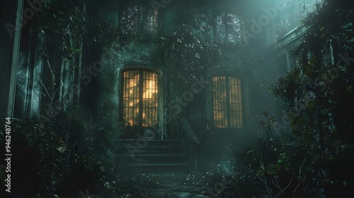Haunted mansion with cracked walls and eerie lighting, surrounded by overgrown plants and thick cobwebs