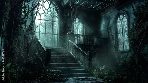 Haunted mansion with cracked walls and eerie lighting, surrounded by overgrown plants and thick cobwebs