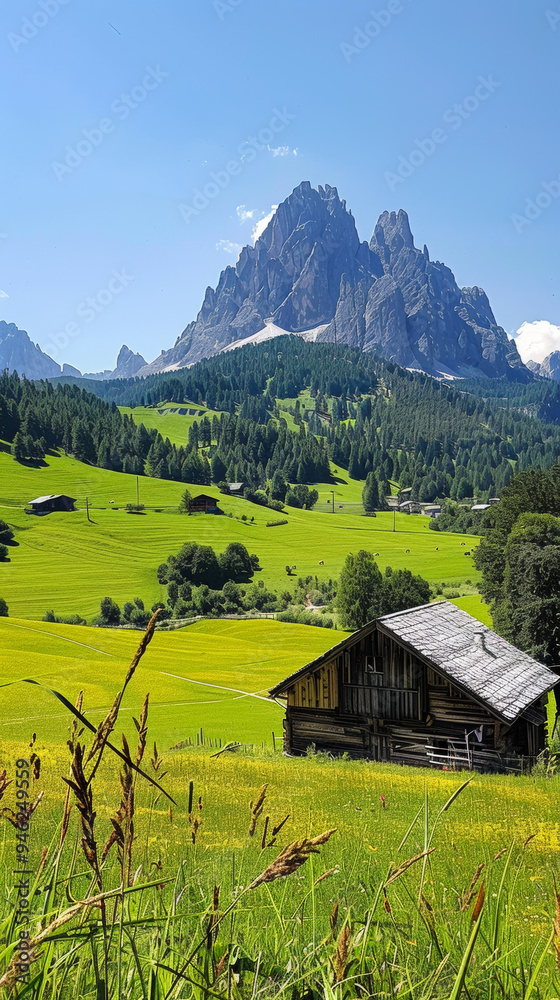 A tranquil mountain view featuring a rustic cabin amidst vibrant green fields during a sunny day in the Dolomites A tranquil mountain view featuring a rustic cabin amidst vibrant green fields during a sunny day in the Dolomites