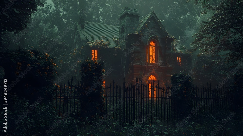 Fototapeta premium A spooky house with a broken fence and overgrown plants, with dim orange lighting adding to the eerie atmosphere