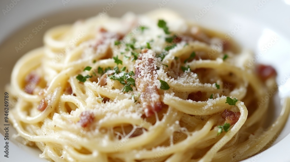 Carbonara spaghetti w/ bacon & cheese Carbonara spaghetti w/ bacon & cheese