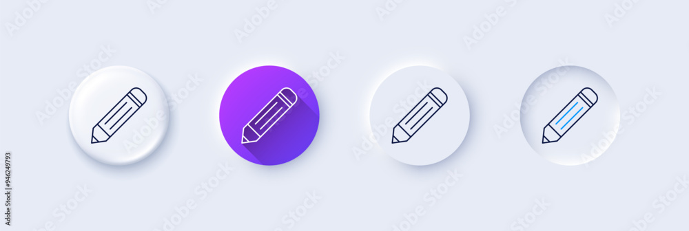 Pencil line icon. Neumorphic, Purple gradient, 3d pin buttons. Edit sign. Drawing or Writing equipment symbol. Line icons. Neumorphic buttons with outline signs. Vector Pencil line icon. Neumorphic, Purple gradient, 3d pin buttons. Edit sign. Drawing or Writing equipment symbol. Line icons. Neumorphic buttons with outline signs. Vector