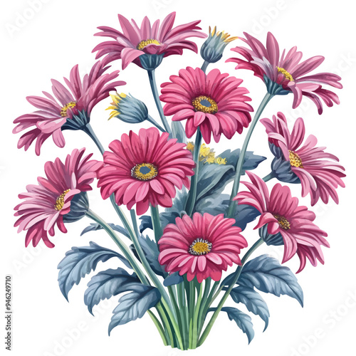 Lively Bouquet of Pink Gerbera Daisies with Green Leaves on White Background