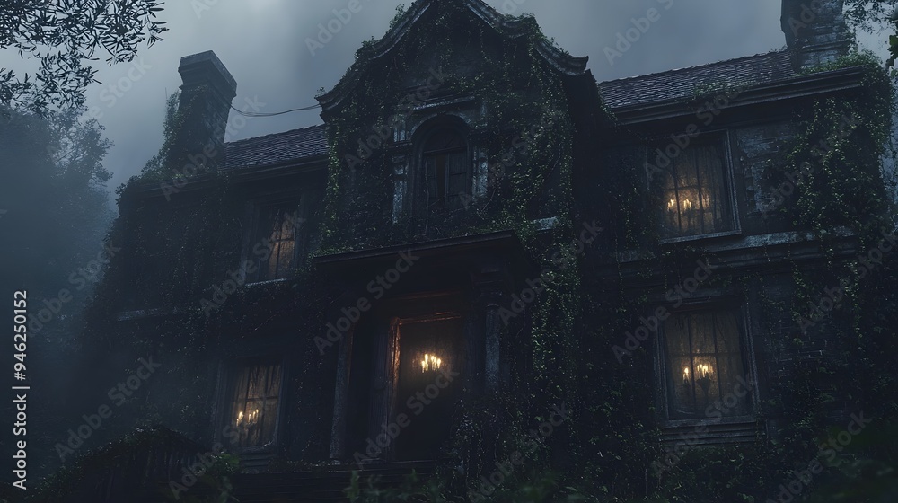 A spooky old house with flickering candles in the windows and overgrown ivy creeping up the front A spooky old house with flickering candles in the windows and overgrown ivy creeping up the front