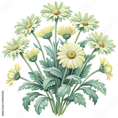Stylized Composition of White Daisies with Green Leaves