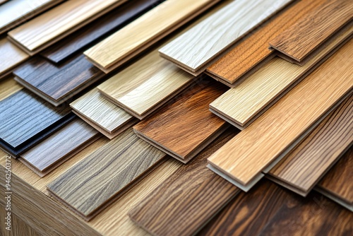 A collection of various natural tone parquet and laminate floor samples. Samples of wood laminate flooring and vinyl tiles.