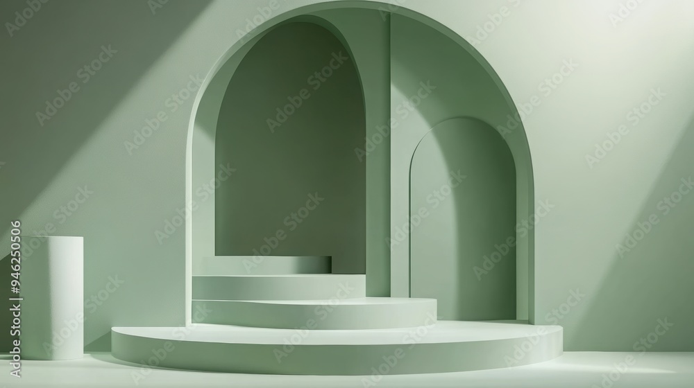 3D podium background with a cylinder pedestal and arch backdrop, minimalistic style, green color. 3D podium background with a cylinder pedestal and arch backdrop, minimalistic style, green color.