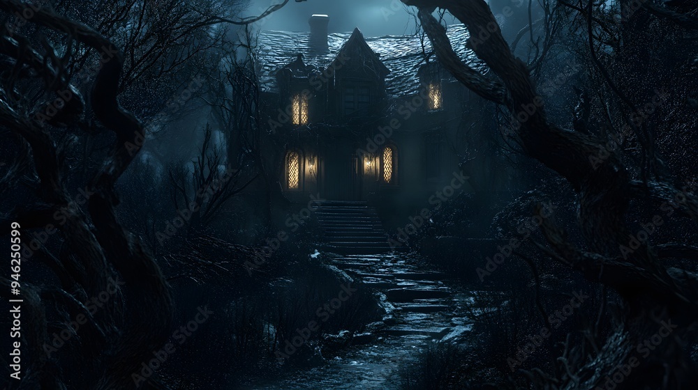 Obraz premium A spooky house with twisted branches and a dimly lit pathway leading to the eerie entrance