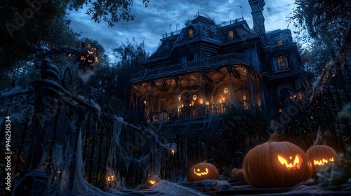 A haunted mansion with intricate details like old wrought-iron railings covered in cobwebs and glowing pumpkins on the porch photo