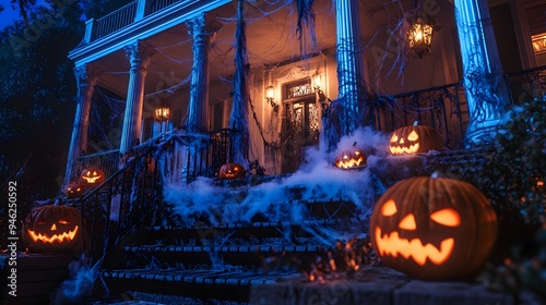 A haunted mansion with intricate details like old wrought-iron railings covered in cobwebs and glowing pumpkins on the porch