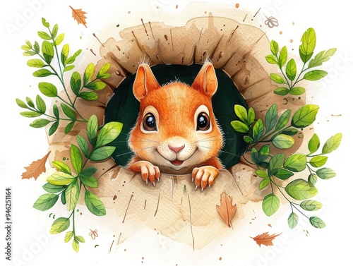 Charming baby squirrel peeking from tree hole with curious expression in watercolor cartoon style photo