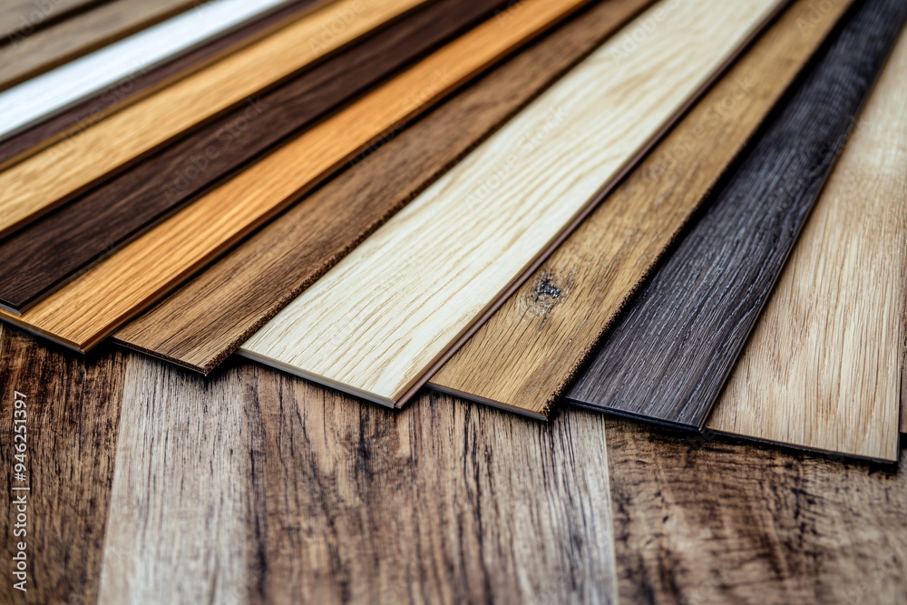 A collection of various natural tone parquet and laminate floor samples. Samples of wood laminate flooring and vinyl tiles.