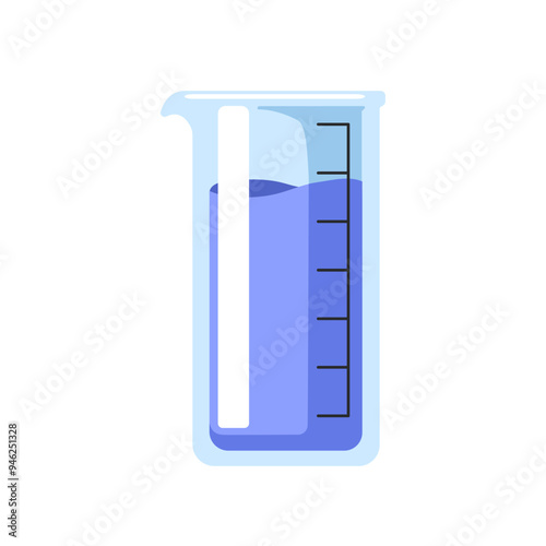 Laboratory beaker. Chemistry lab glassware for measuring liquid chemicals. Transparent graduated container, measurement equipment. Flat cartoon vector illustration isolated on white background