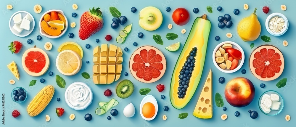 Good fat flat design, top view, nutrition theme, cartoon drawing, Monochromatic Color Scheme Good fat flat design, top view, nutrition theme, cartoon drawing, Monochromatic Color Scheme