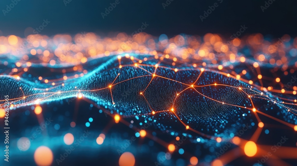 3D digital network with interconnected nodes, abstract design, no people, room for text 3D digital network with interconnected nodes, abstract design, no people, room for text