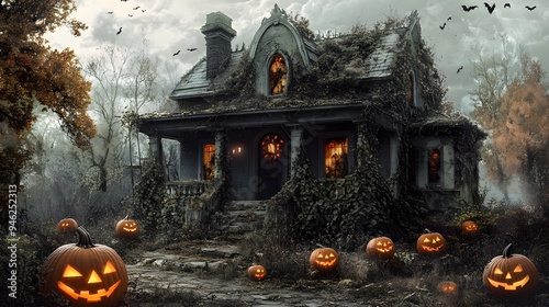 An old, dilapidated house with flickering jack-o-lanterns on the porch and overgrown bushes creeping up the walls photo