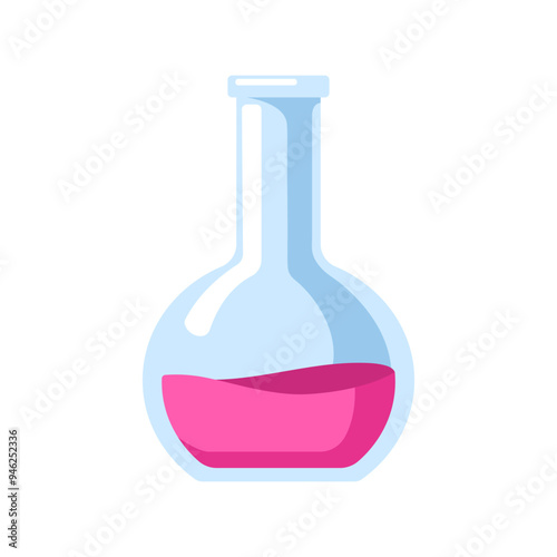 Laboratory flask with chemical liquid. Chemistry lab glassware for science experiment, research and test. Glass vessel with acid. Flat cartoon vector illustration isolated on white background