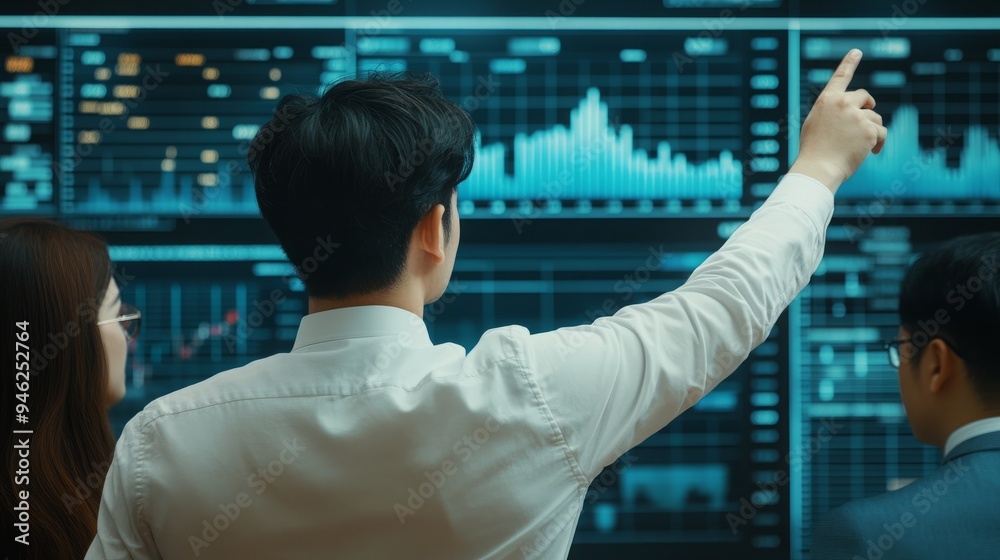 Team Interaction Over Market Trends Display, Strategic Planning for Volatile Stocks, Dynamic Trading Room Discussion Team Interaction Over Market Trends Display, Strategic Planning for Volatile Stocks, Dynamic Trading Room Discussion