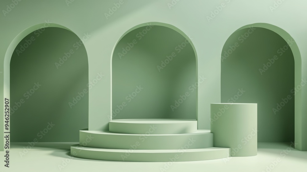 3D podium background with a cylinder pedestal and arch backdrop, minimalistic style, green color. 3D podium background with a cylinder pedestal and arch backdrop, minimalistic style, green color.
