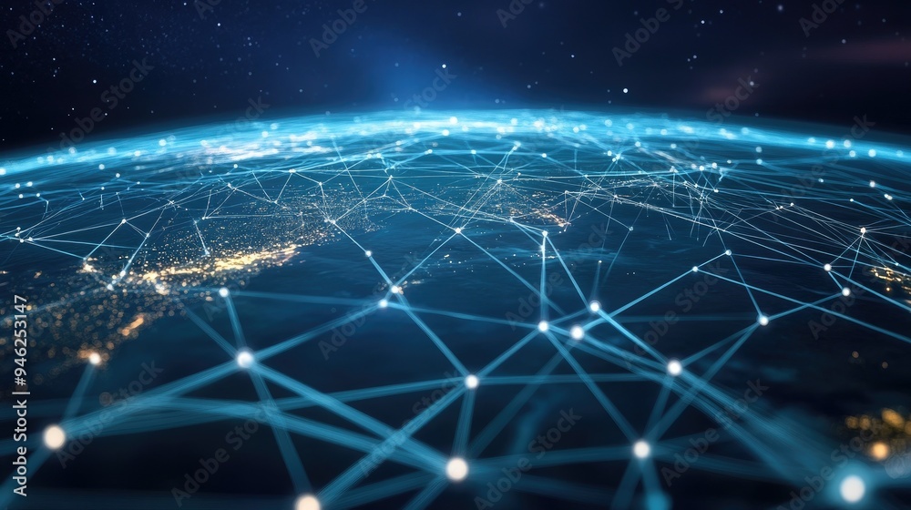 3D world with interconnected nodes, abstract global network, no people, room for copy 3D world with interconnected nodes, abstract global network, no people, room for copy