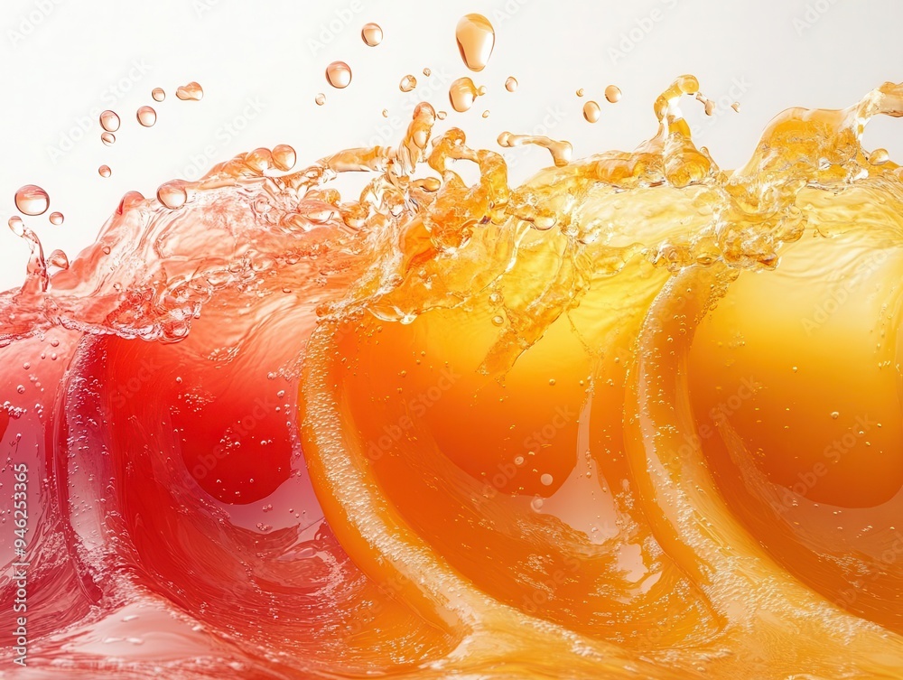 dynamic splash of vibrant juice frozen in midair against a pristine white background droplets and waves capture the essence of freshness and flavor in highspeed photography