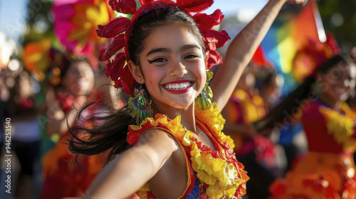 A vibrant Hispanic street parade featuring joyful dancer in colorful attire, celebrating culture and community.