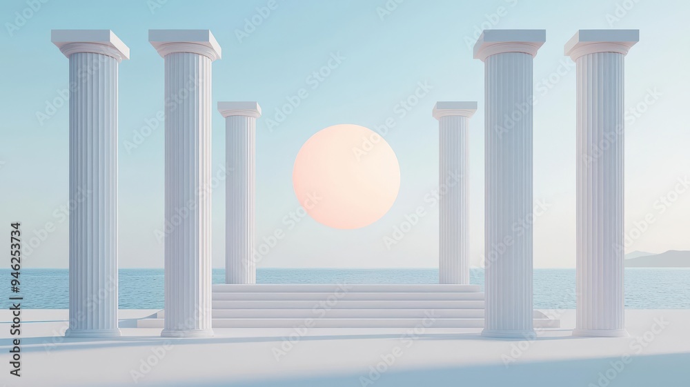 Stylized ruins with a geometric sun, minimalist composition, clean lines, classical inspiration Stylized ruins with a geometric sun, minimalist composition, clean lines, classical inspiration
