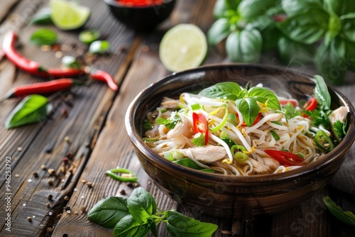 A steaming bowl of chicken pho with rice noodles, fresh herbs, and lime wedges, served on a rustic wooden table. Copy space for text 