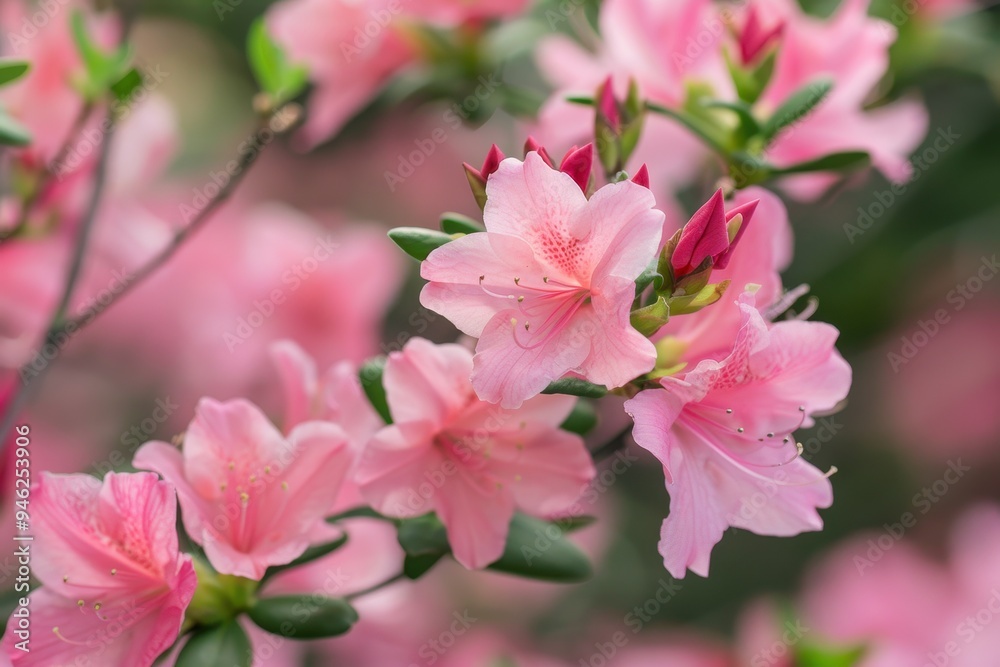 My garden displays a beautiful Azalea bush with pink flowers and buds in spring My garden displays a beautiful Azalea bush with pink flowers and buds in spring