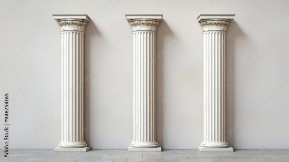Three ancient pillars casting shadows in a minimalist setting, geometric simplicity, classical influence Three ancient pillars casting shadows in a minimalist setting, geometric simplicity, classical influence