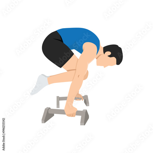 Man doing Tuck planche calisthenics exercise with parallettes. Flat vector illustration isolated on white background