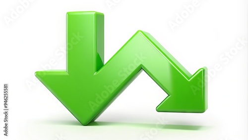A bright green downward-facing arrow icon symbolizes decline, reduction, or downfall, set against a crisp white background with subtle gradient effects for visual impact.