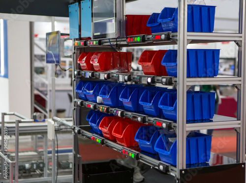 Smart warehouse. Storage bins and trays in distribution warehouse