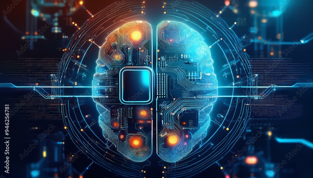 Fototapeta premium Illustration of a machine learning process featuring artificial intelligence, deep data mining, and machine learning as components of modern computer technology concepts, portrayed in a 3D rendering