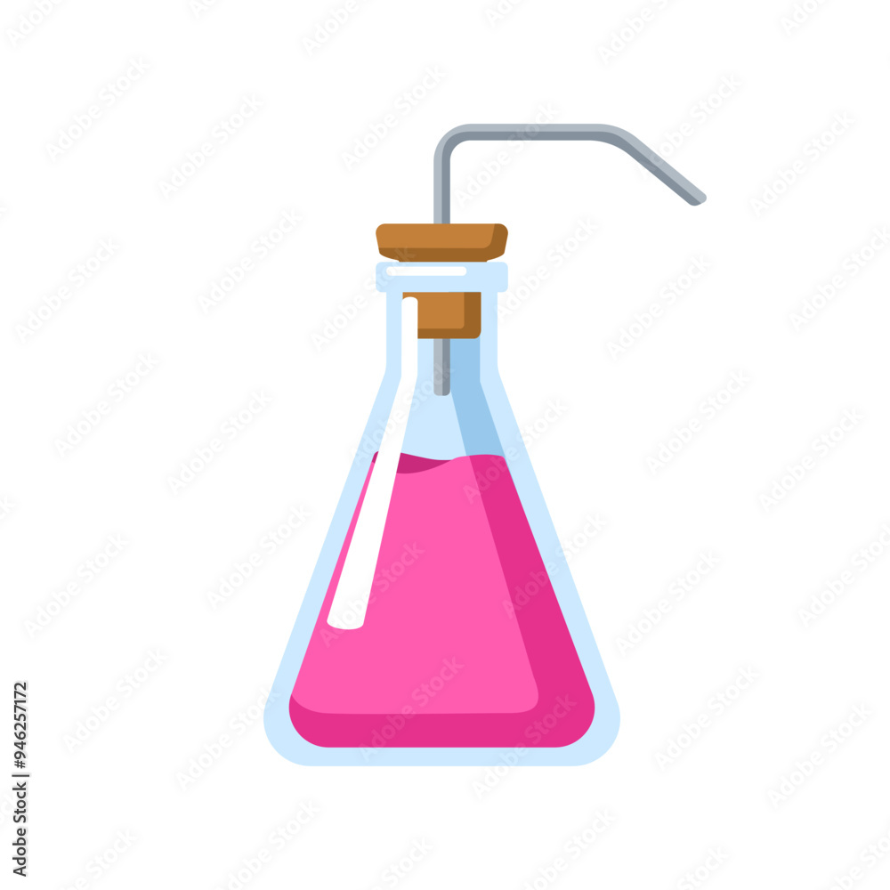 Flask, laboratory glassware with cork and delivery pipe. Lab glass container for chemical experiment and scientific analysis, chemistry. Flat cartoon vector illustration isolated on white background Flask, laboratory glassware with cork and delivery pipe. Lab glass container for chemical experiment and scientific analysis, chemistry. Flat cartoon vector illustration isolated on white background