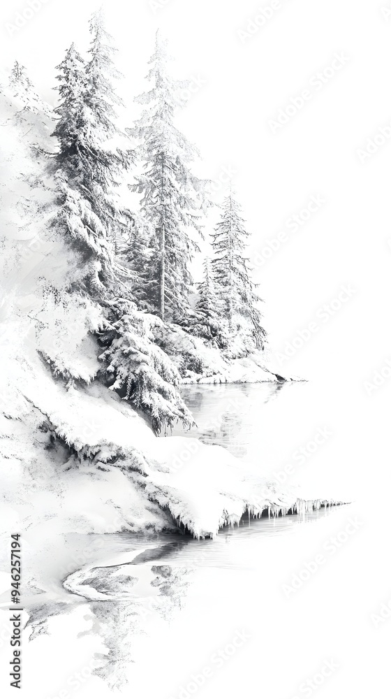 custom made wallpaper toronto digitalMagical Winter Wonderland Snow Covered Pine Trees Lining Frozen Lake in Serene Woodland Landscape