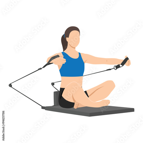 Woman doing Pilates workout on reformer machine. Flat vector illustration isolated on white background