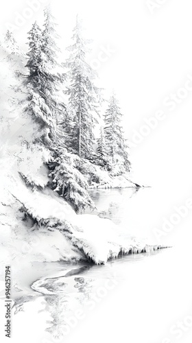 Wallpaper Mural Magical Winter Wonderland Snow Covered Pine Trees Lining Frozen Lake in Serene Woodland Landscape Torontodigital.ca
