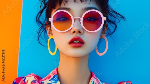 Retro Chic: A young woman radiates effortless cool in oversized round sunglasses and colorful earrings against a vibrant blue and orange backdrop. Her bold fashion statement and confident gaze exude a