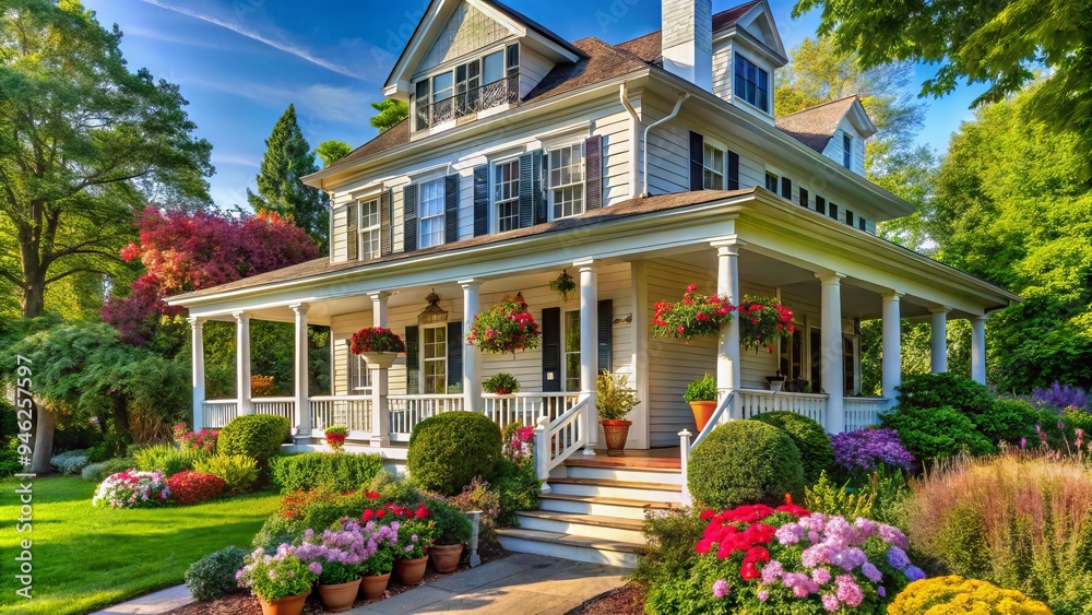 A charming colonial-style house with white columns and a wraparound porch sits amidst lush greenery and colorful blooming flowers in a sunny Delaware neighborhood. A charming colonial-style house with white columns and a wraparound porch sits amidst lush greenery and colorful blooming flowers in a sunny Delaware neighborhood.
