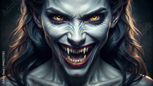 A charismatic creature of the night flashes a radiant, piercing smile, revealing razor-sharp fangs and gleaming white teeth, exuding mysterious, dark allure. photo